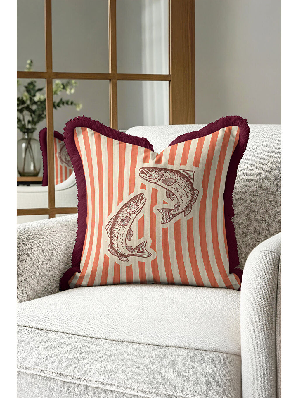 Karışık Vintage Balık Çizimli Saçaklı Yastık Kılıfı - Deniz Temalı Retro Kırmızı Püsküllü Kırlent Kılıfı-2