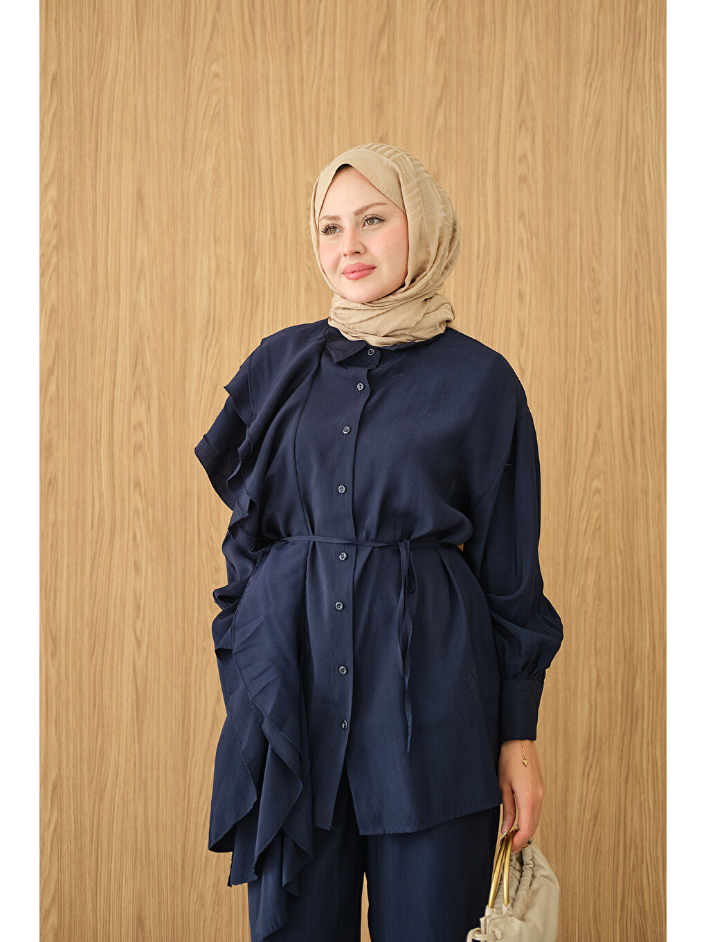 Kadın Dikiş Detay Volanlı Bel Bağlamalı Takım Lacivert-2