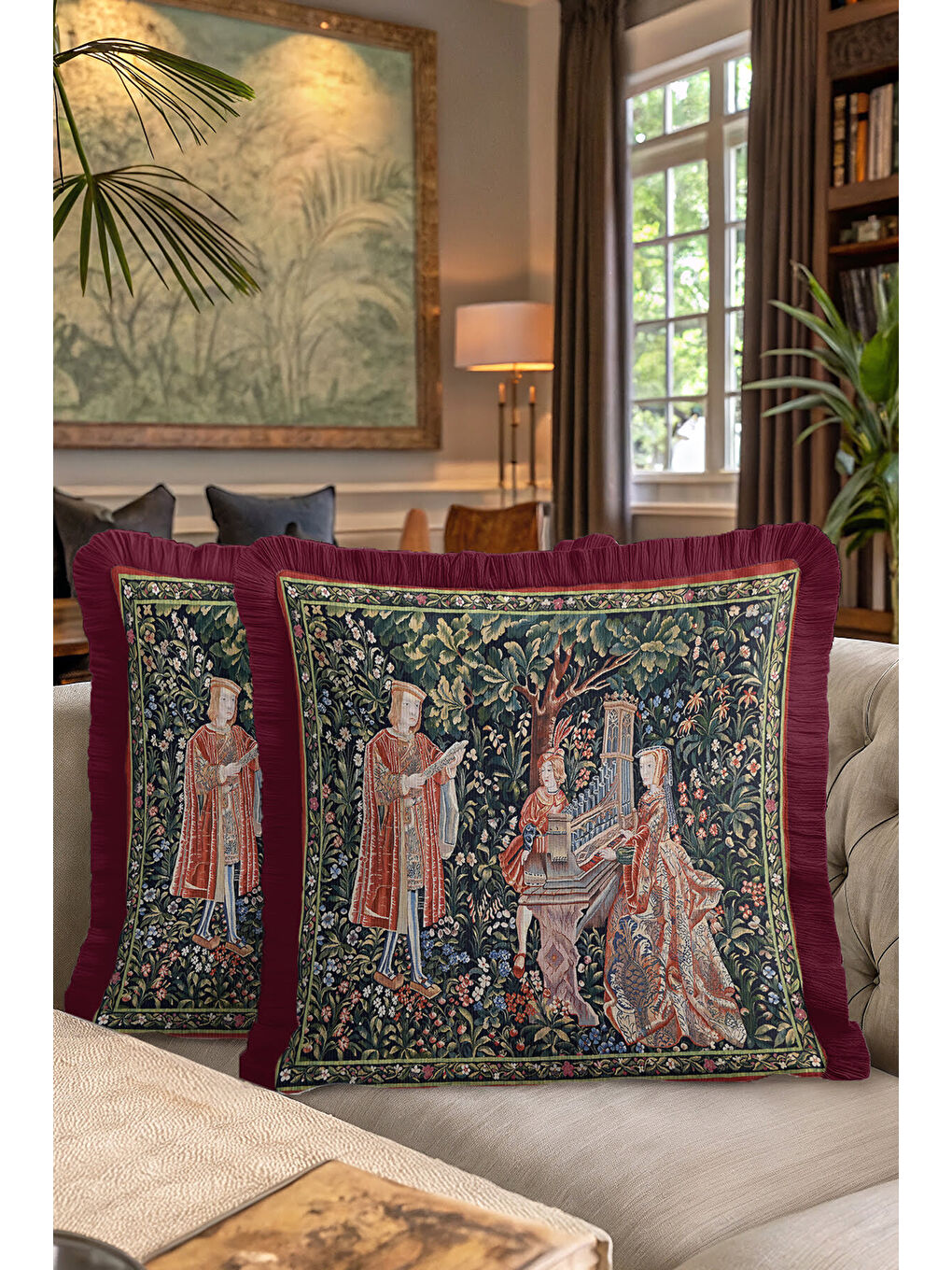 Karışık Avangard Fransız Saray Saçaklı Yastık Kılıfı - Sanatı Vintage Rustik Bordo Püsküllü Kırlent Kılıfı-7