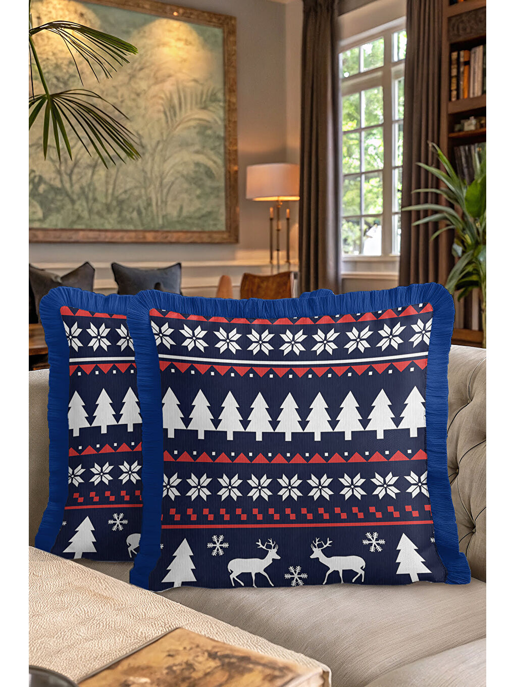 Karışık Nordik Kar Kristal Saçaklı Yastık Kılıfı - Kış Atmosferi İskandinav Lacivert Püsküllü Kırlent Kılıfı-7