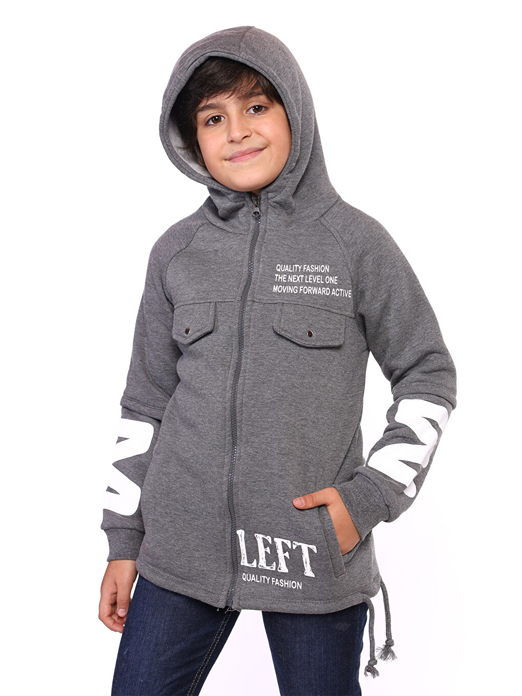 Antrasit Erkek Çocuk Kapüşonlu Baskılı Hırka