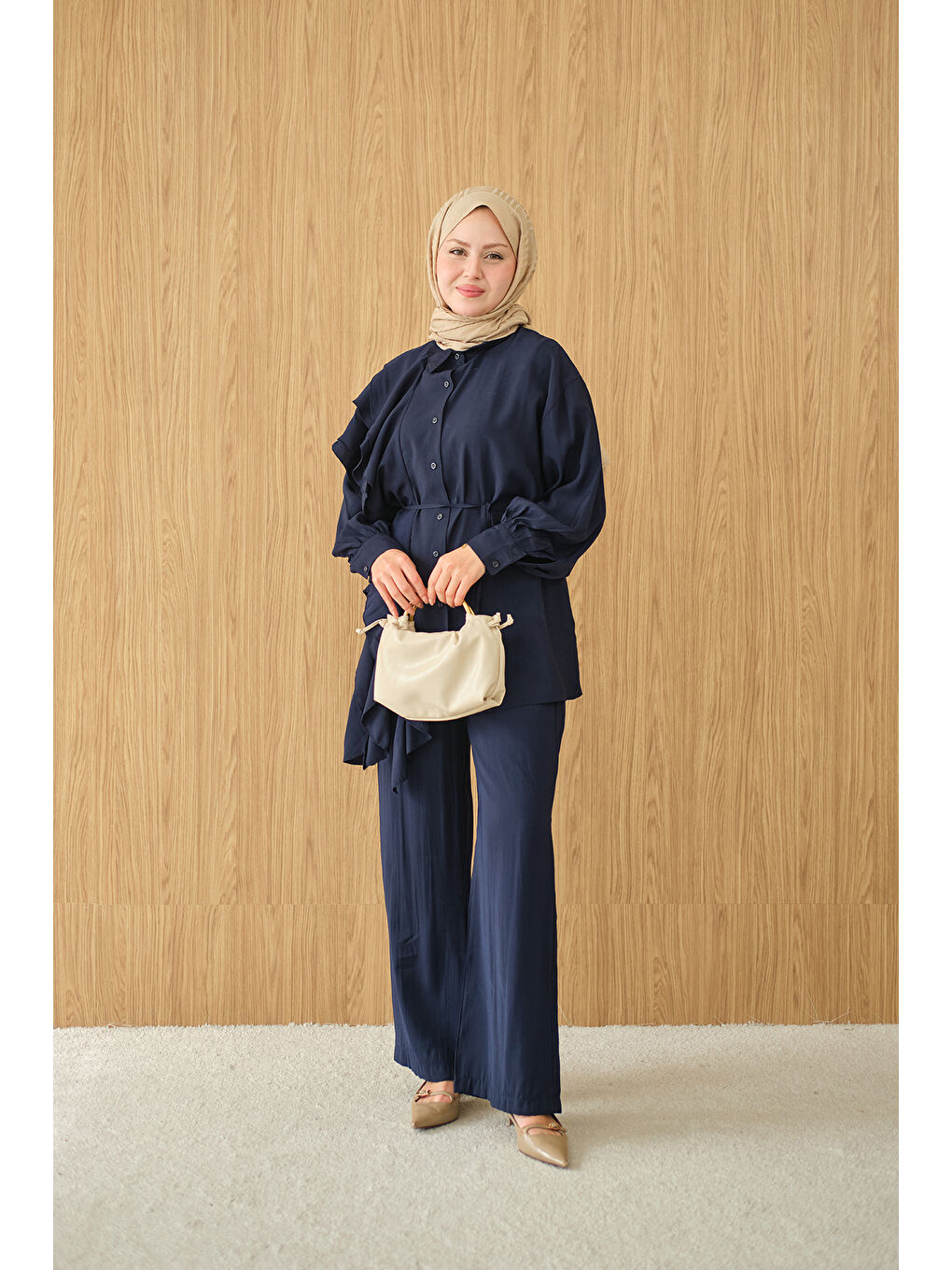 Kadın Dikiş Detay Volanlı Bel Bağlamalı Takım Lacivert-3