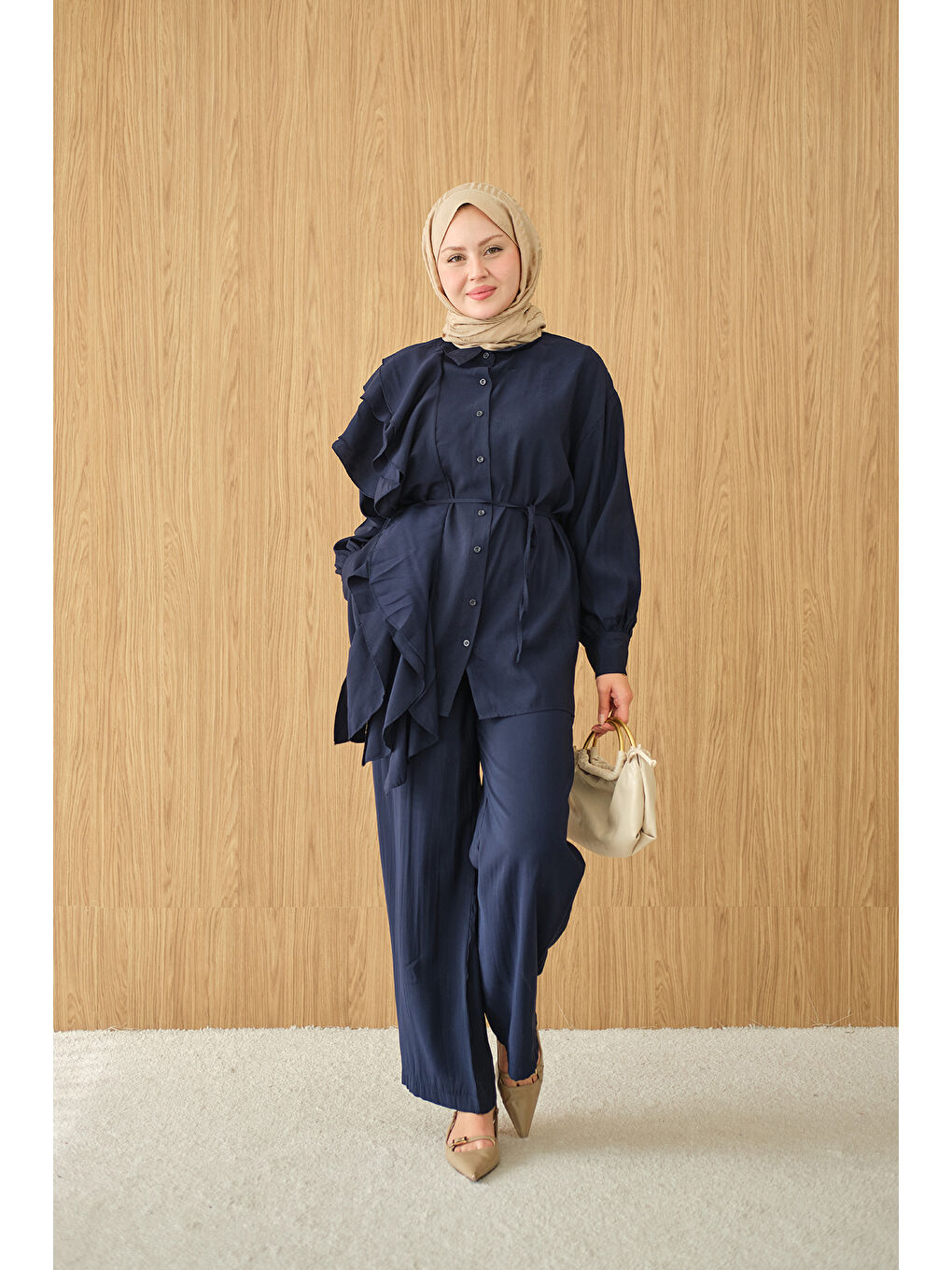 Kadın Dikiş Detay Volanlı Bel Bağlamalı Takım Lacivert-4