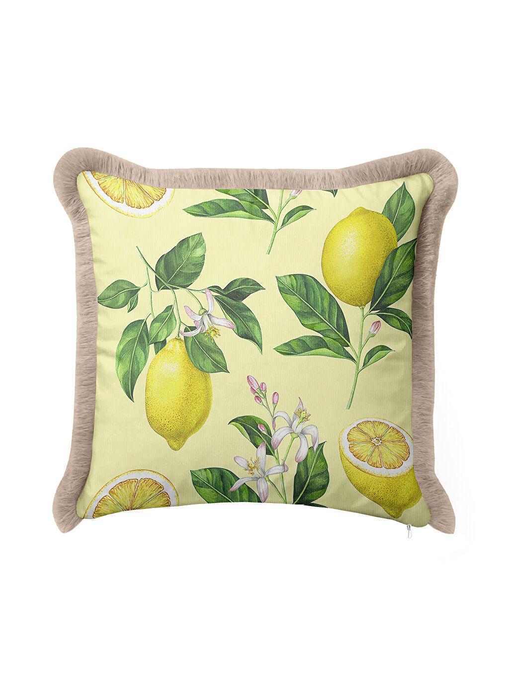 Karışık Limon Çiçek Bahçesi Saçaklı Yastık Kılıfı - Akdeniz Tema Sarı Yeşil Rustik Püsküllü Kırlent Kılıfı-1