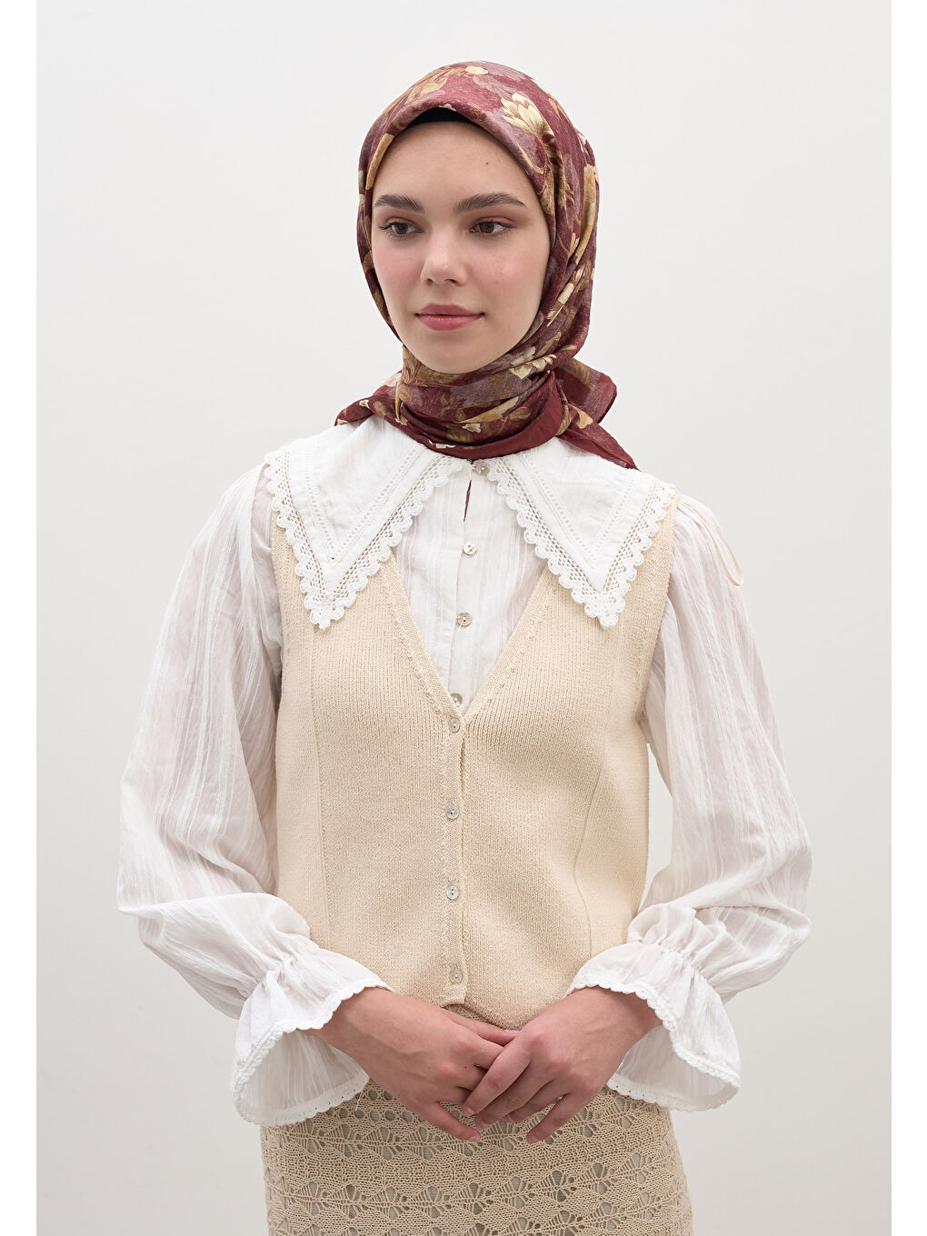 Reverıe Desen Pamuklu Viskon Eşarp Bordo