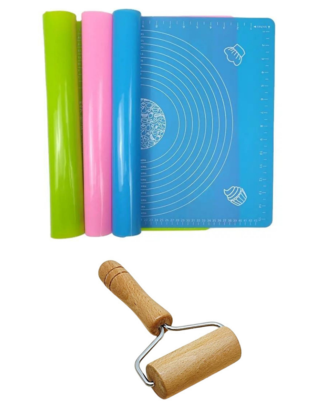 Karışık 2'li Set 45x65 Cm Silikon Hamur Açma Matı Ve Pratik Ahşap Saplı Silindir Hamur Açıcı