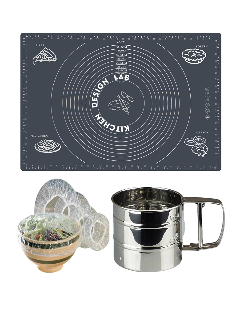 Antrasit Gri 45x65 Cm Silikon Hamur Açma Matı, Çelik Un Eleği ve Hamur Dinlendirme Poşeti 8 li