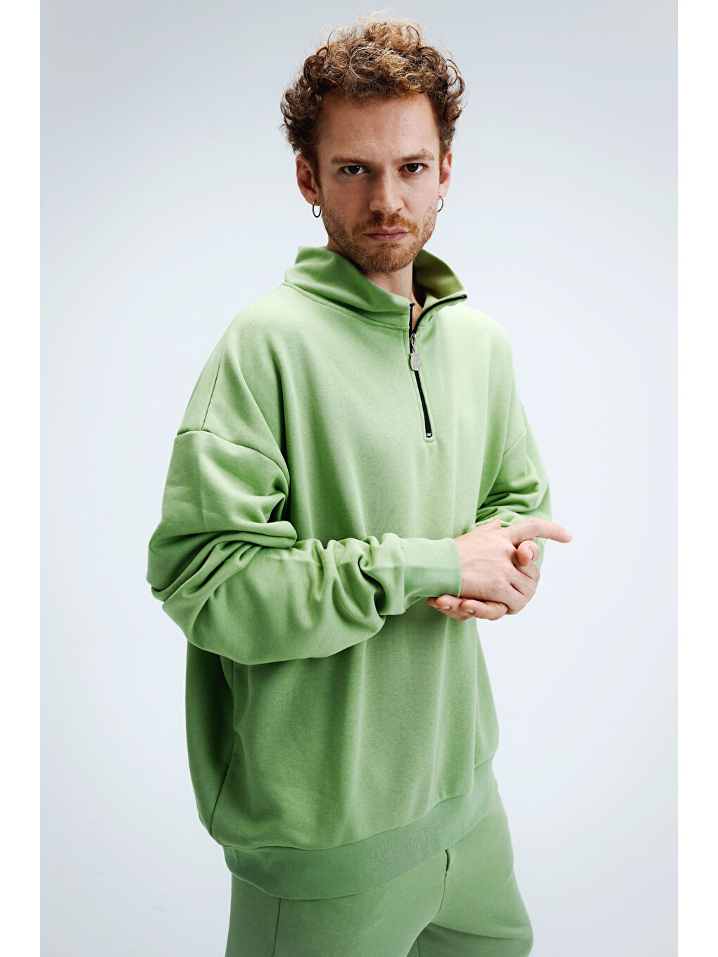 Erkek Timeless Fermuarlı Fıstık Yeşili  Sweatshirt-1