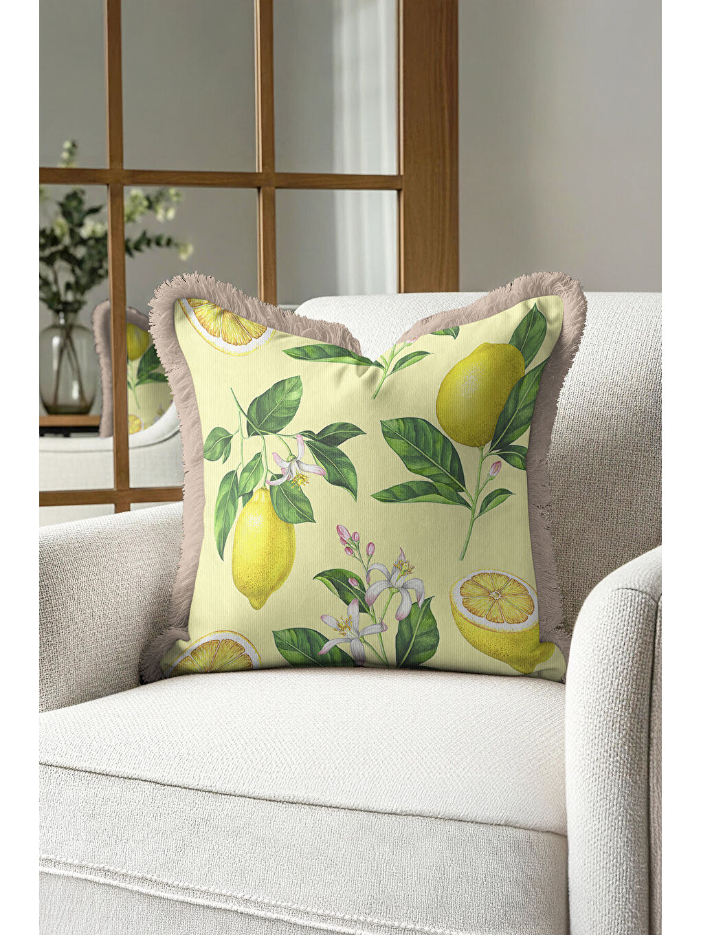 Karışık Limon Çiçek Bahçesi Saçaklı Yastık Kılıfı - Akdeniz Tema Sarı Yeşil Rustik Püsküllü Kırlent Kılıfı-2