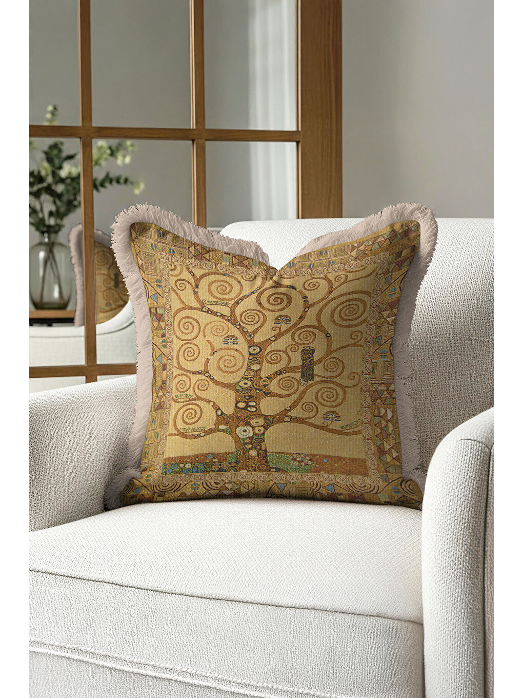 Karışık Lüks Spiral Ağaç Saçaklı Yastık Kılıfı - Art Nouveau Bohem Altın Renkli Püsküllü Kırlent Kılıfı-1