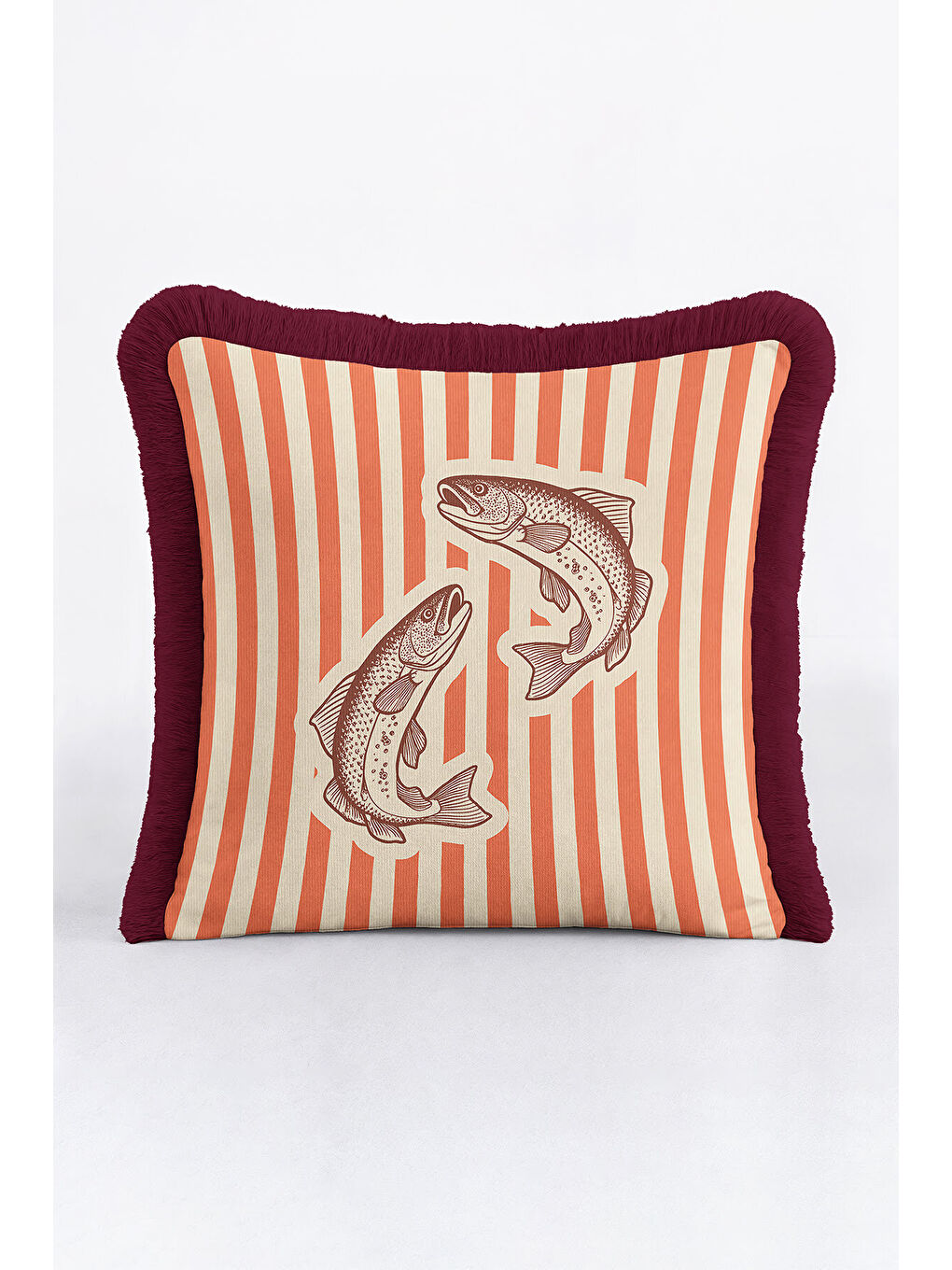 Karışık Vintage Balık Çizimli Saçaklı Yastık Kılıfı - Deniz Temalı Retro Kırmızı Püsküllü Kırlent Kılıfı-3