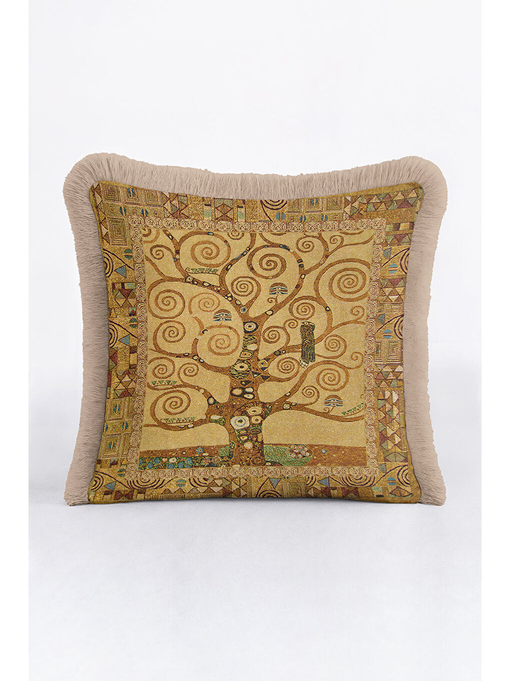 Karışık Lüks Spiral Ağaç Saçaklı Yastık Kılıfı - Art Nouveau Bohem Altın Renkli Püsküllü Kırlent Kılıfı-2