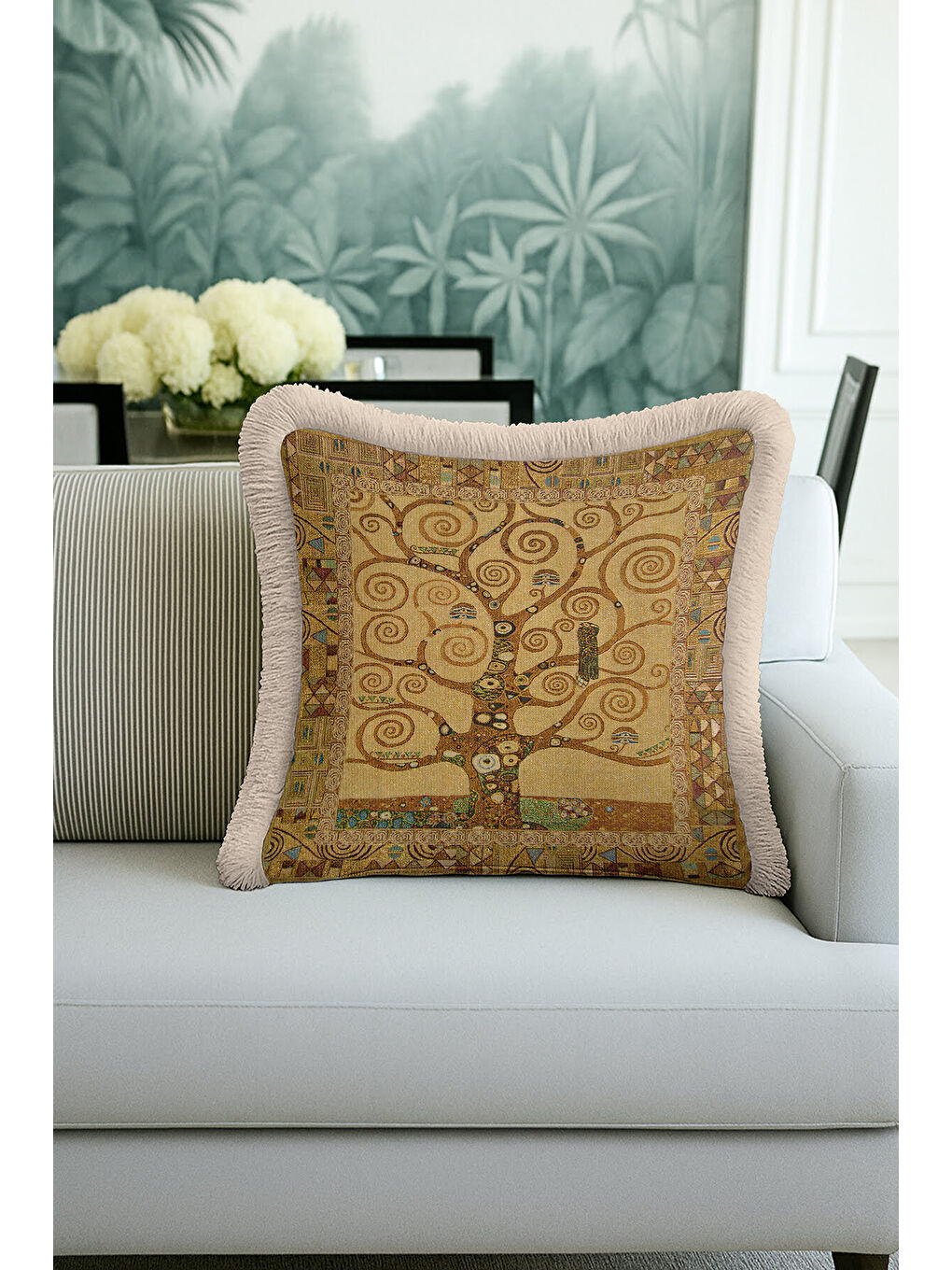 Karışık Lüks Spiral Ağaç Saçaklı Yastık Kılıfı - Art Nouveau Bohem Altın Renkli Püsküllü Kırlent Kılıfı-4