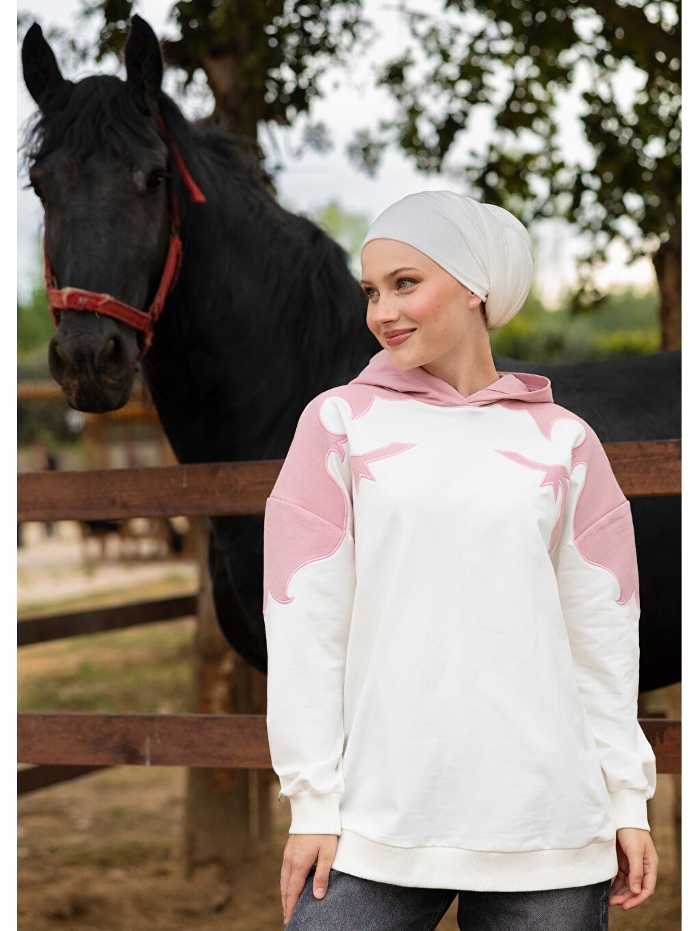 Ekru Sweatshirt Kovboy Pembe