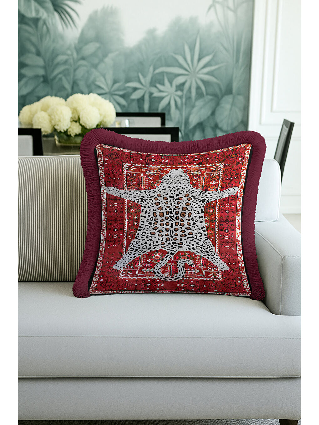 Karışık Lüks Leopar Halı Motifli Saçaklı Yastık Kılıfı - Vintage Bohem Kırmızı Gold Püsküllü Kırlent Kılıfı-1