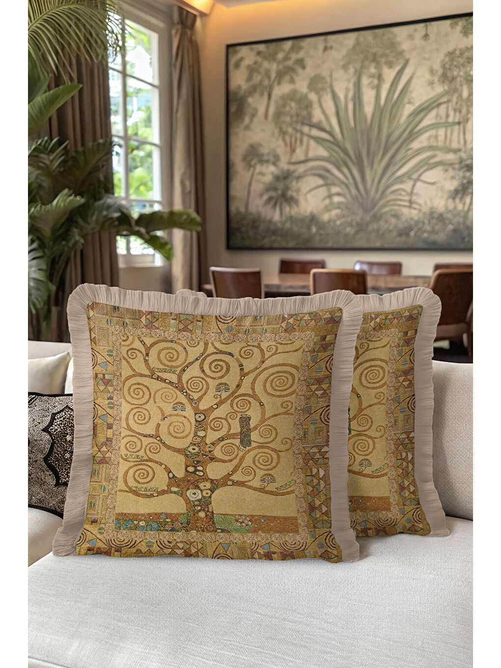 Karışık Lüks Spiral Ağaç Saçaklı Yastık Kılıfı - Art Nouveau Bohem Altın Renkli Püsküllü Kırlent Kılıfı-5