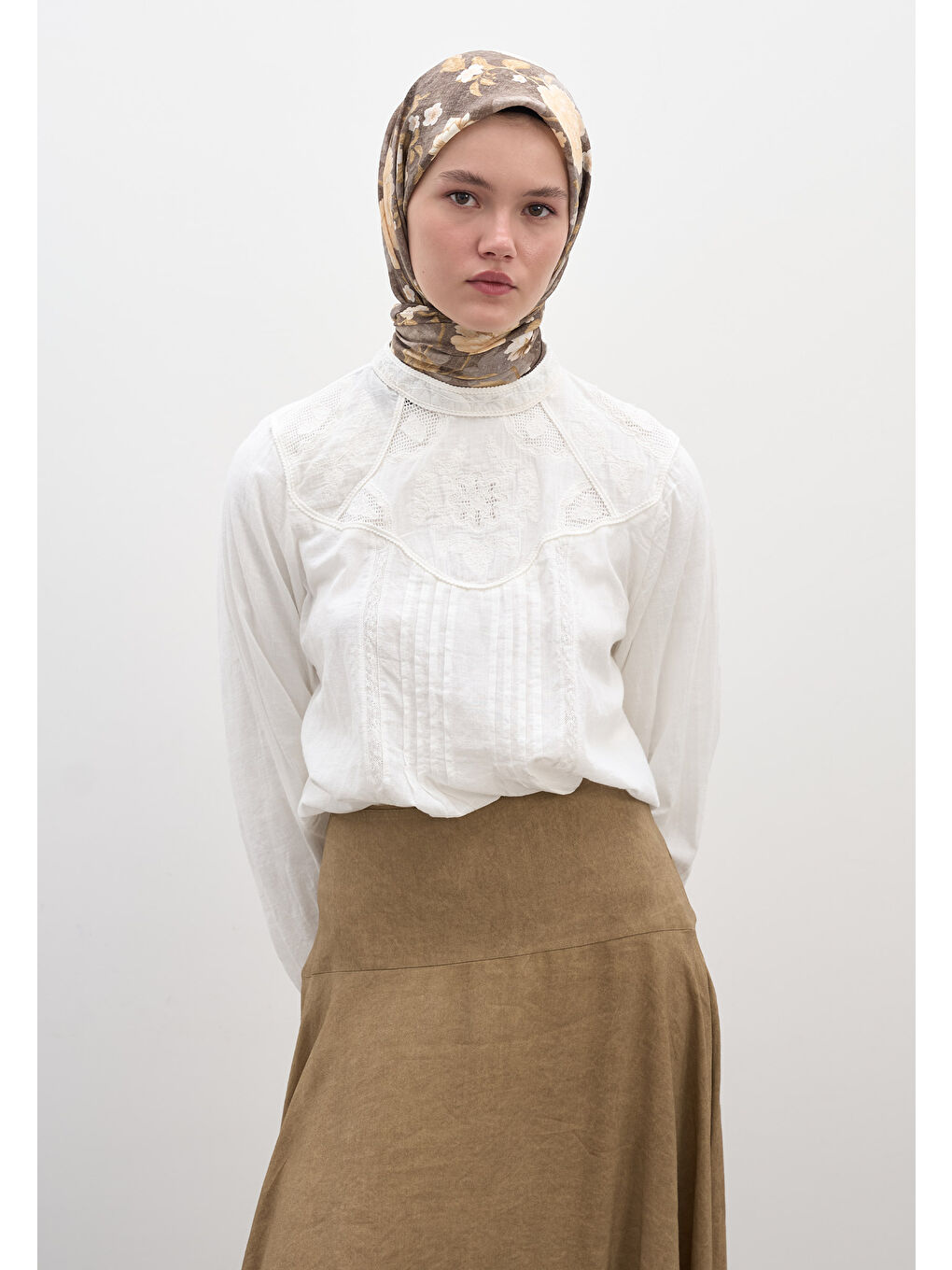 Mavi Reverıe Desen Pamuklu Viskon Eşarp Tozlu Kahve-1