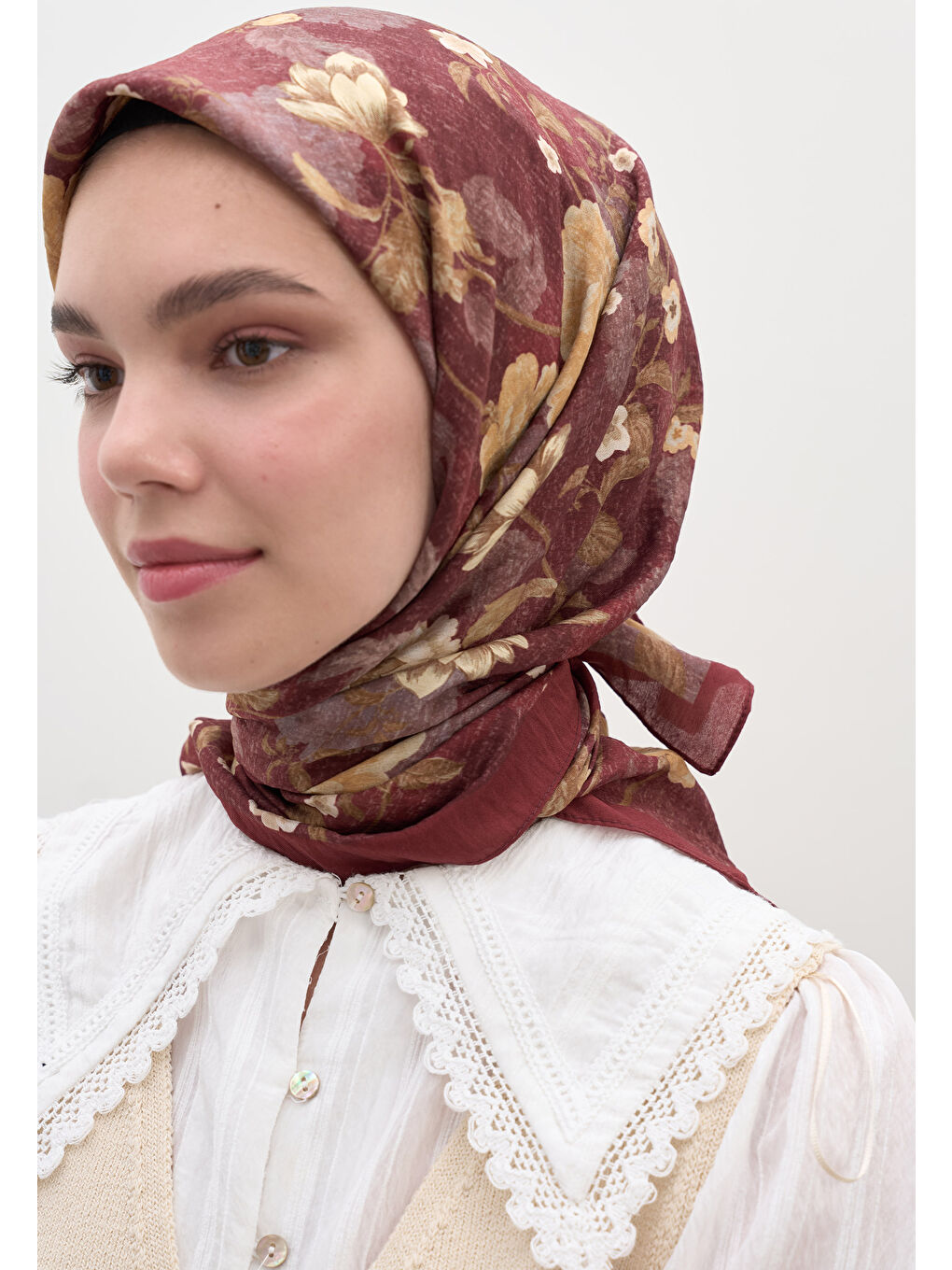 Reverıe Desen Pamuklu Viskon Eşarp Bordo-3