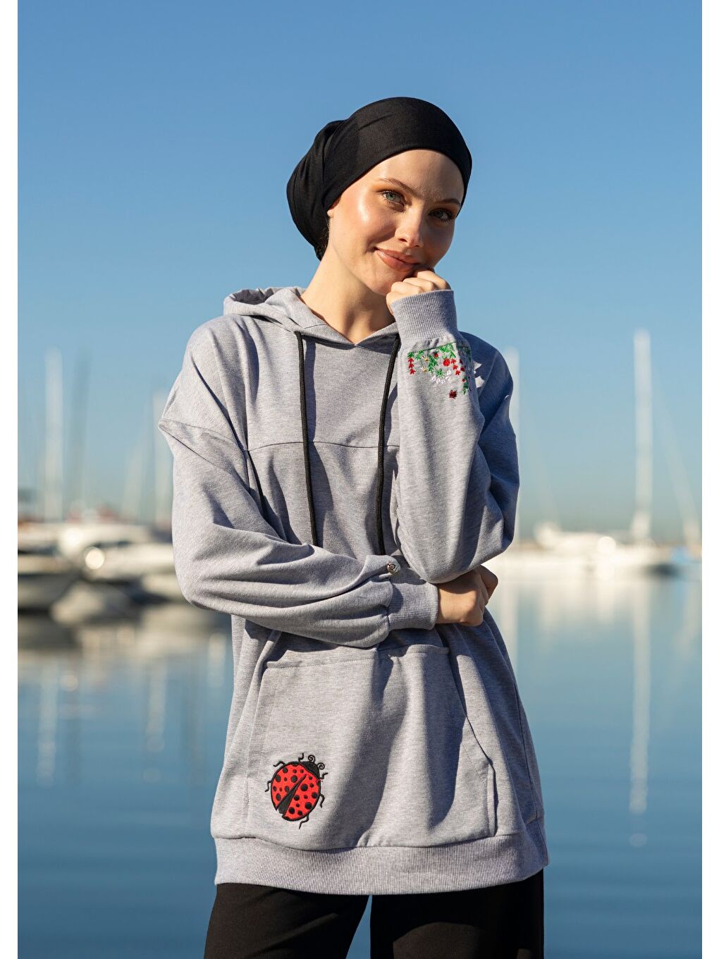 Gri Tesettür Eşofman Üstü Uğur Böceği-5