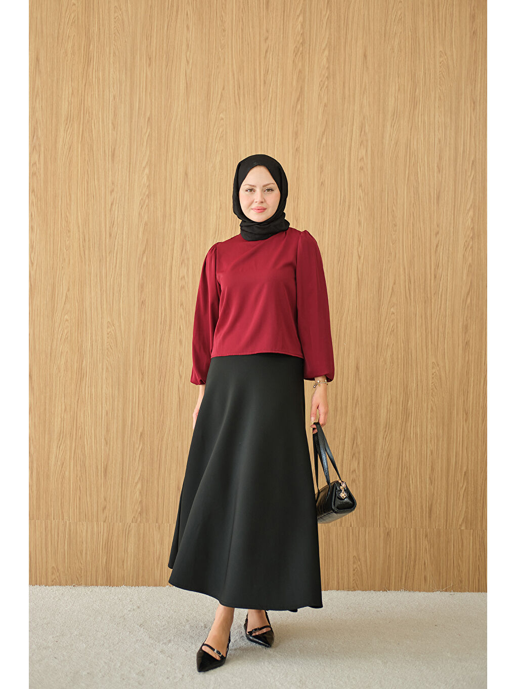 Kadın Dik Yakalı Ve Balon Kol Bluz Bordo-2