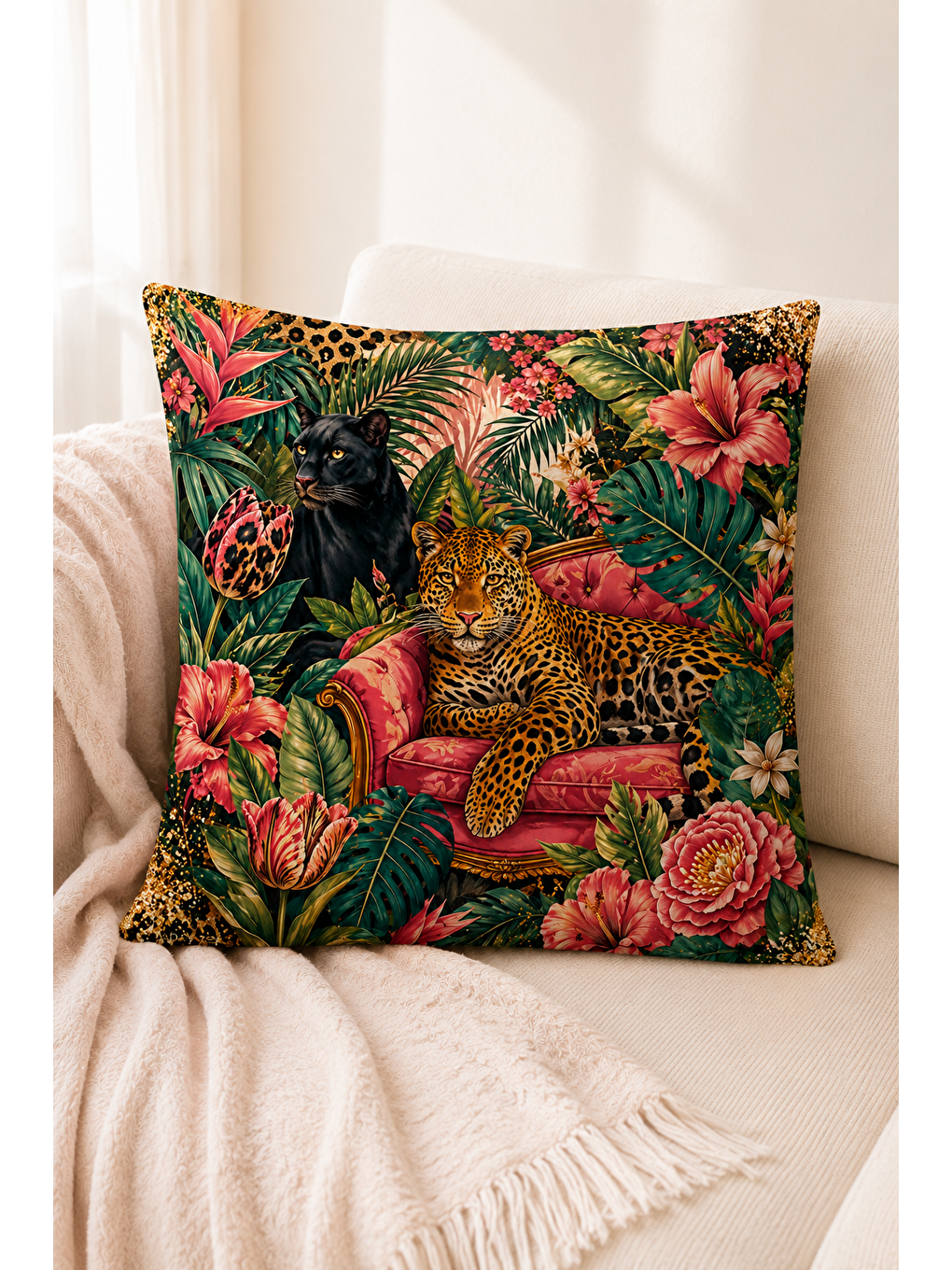 Karışık Tropikal Kadın Leopar Desenli Dekoratif Kırlent Kılıfı Modern Bohem Dekor 43x43 Cm-4