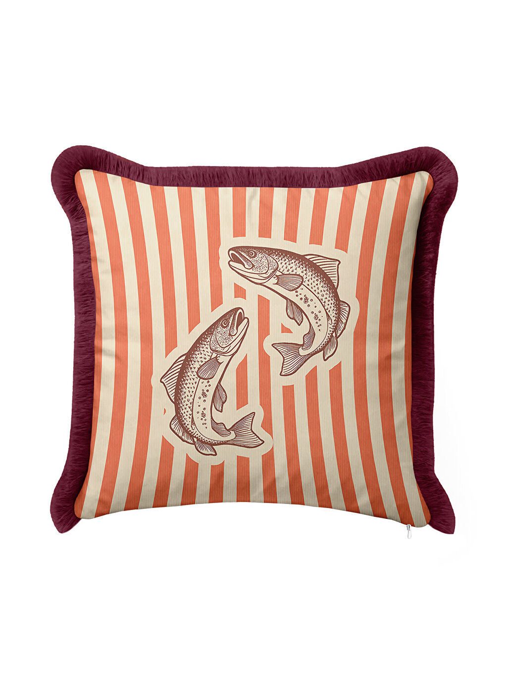 Karışık Vintage Balık Çizimli Saçaklı Yastık Kılıfı - Deniz Temalı Retro Kırmızı Püsküllü Kırlent Kılıfı-4