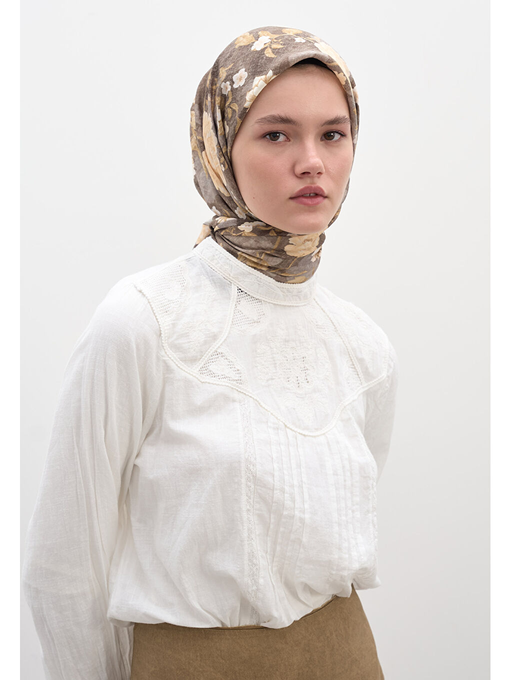 Mavi Reverıe Desen Pamuklu Viskon Eşarp Tozlu Kahve-2