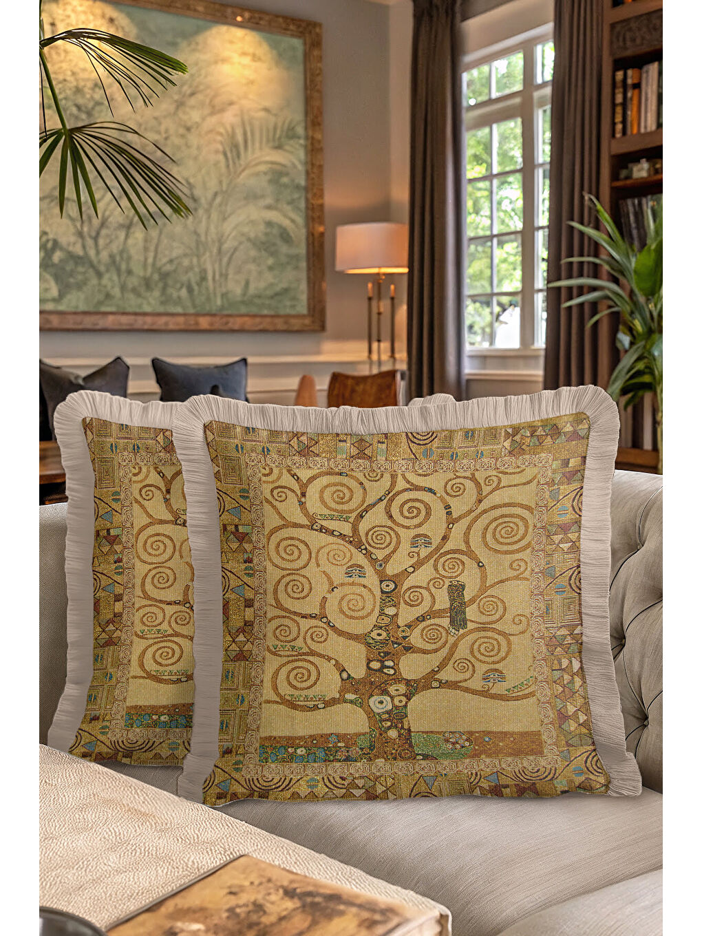 Karışık Lüks Spiral Ağaç Saçaklı Yastık Kılıfı - Art Nouveau Bohem Altın Renkli Püsküllü Kırlent Kılıfı-7