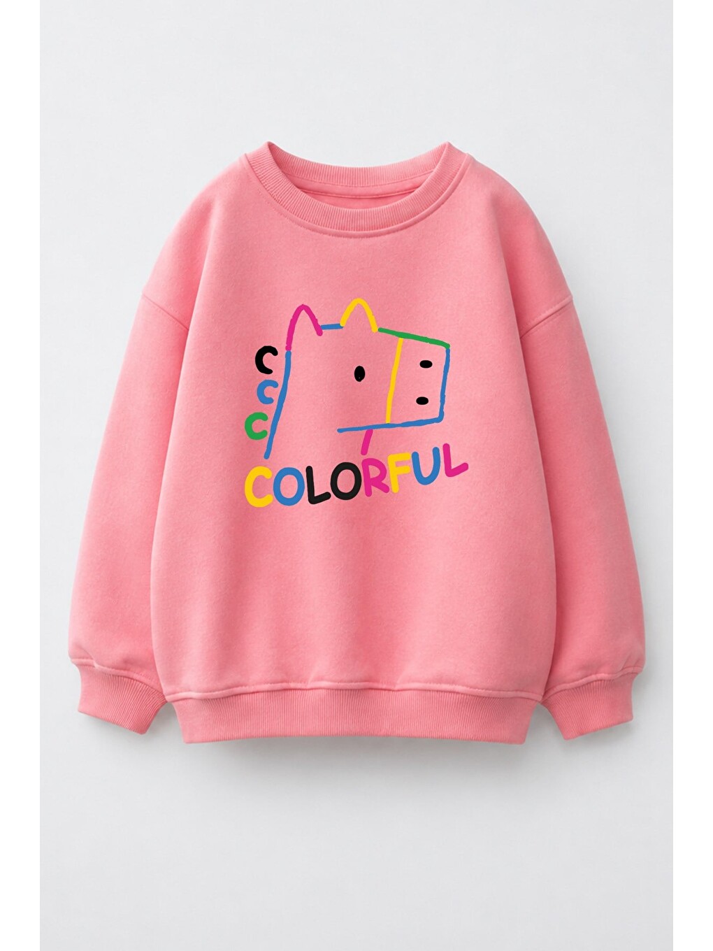 Pembe Kız Çocuk 3 İplik Kumaş Pamuklu Baskılı Sweatshirt