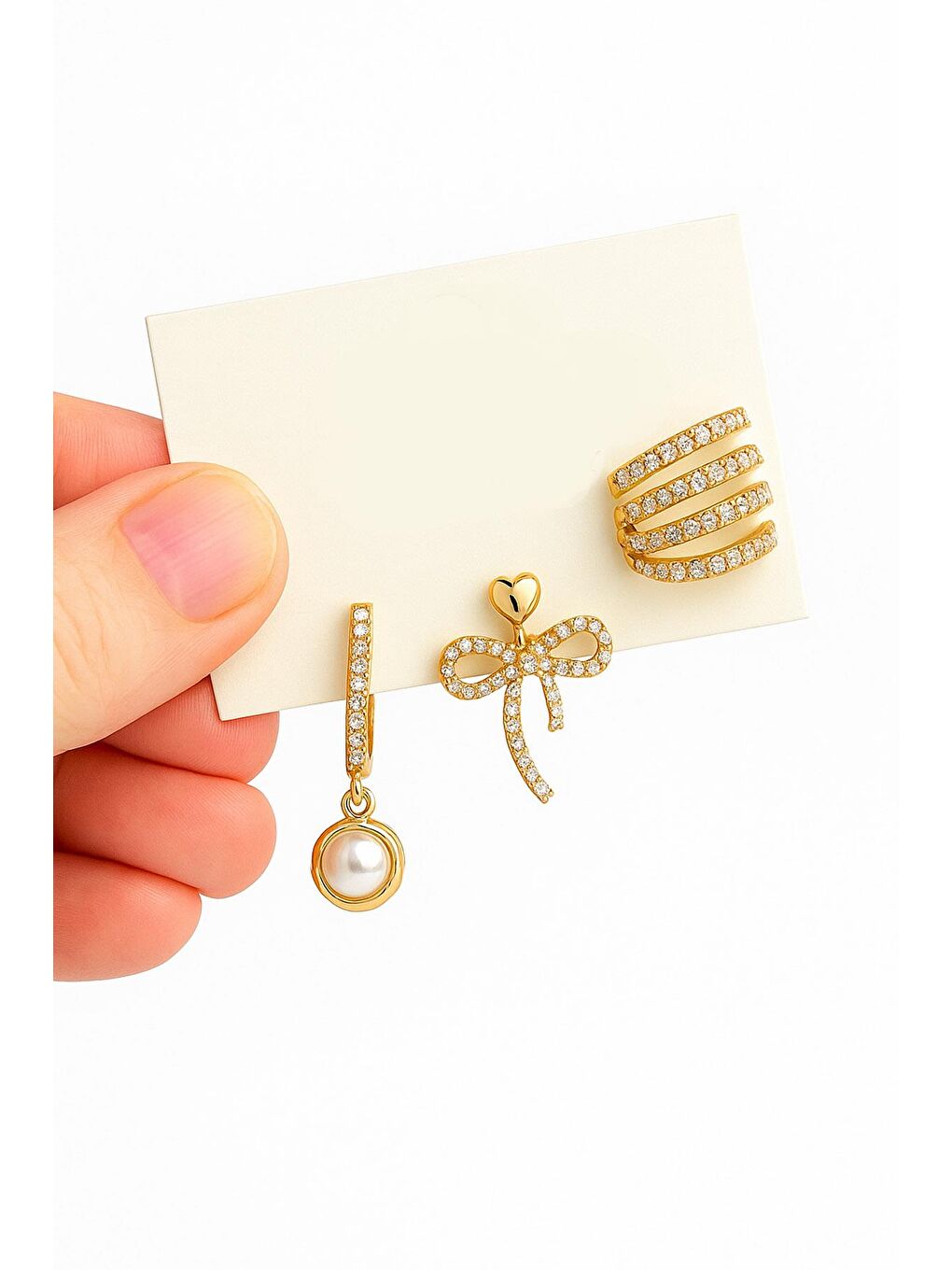 Sarı 3'lü İnci Detaylı Küpe Seti-1