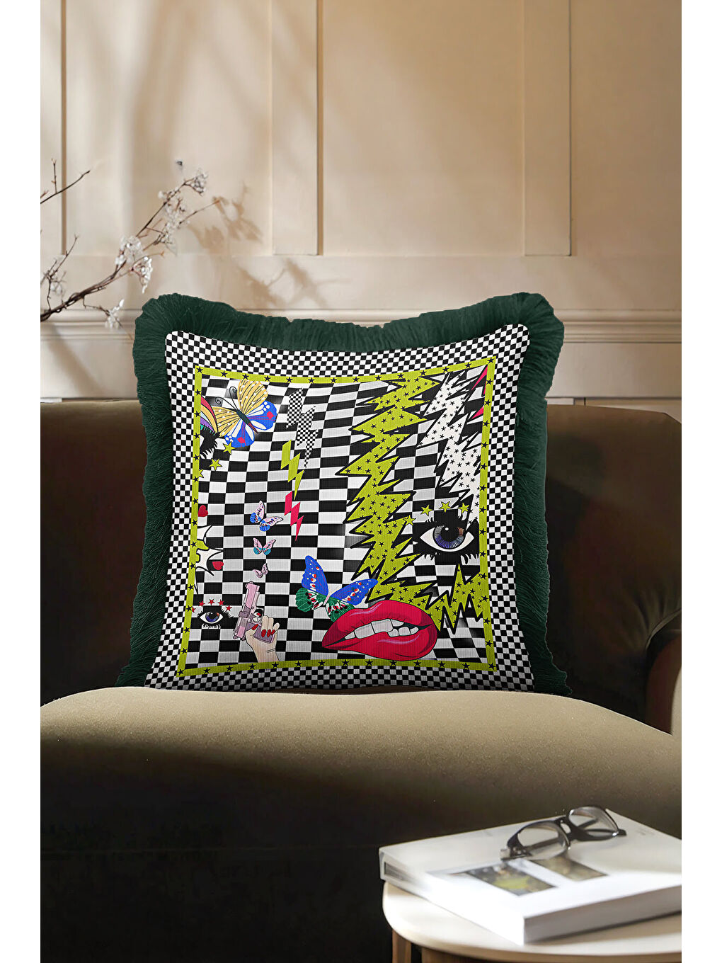 Karışık Pop Art Geometrik Saçaklı Yastık Kılıfı - Punk Enerjisi Bohem Siyah Yeşil Püsküllü Kırlent Kılıfı