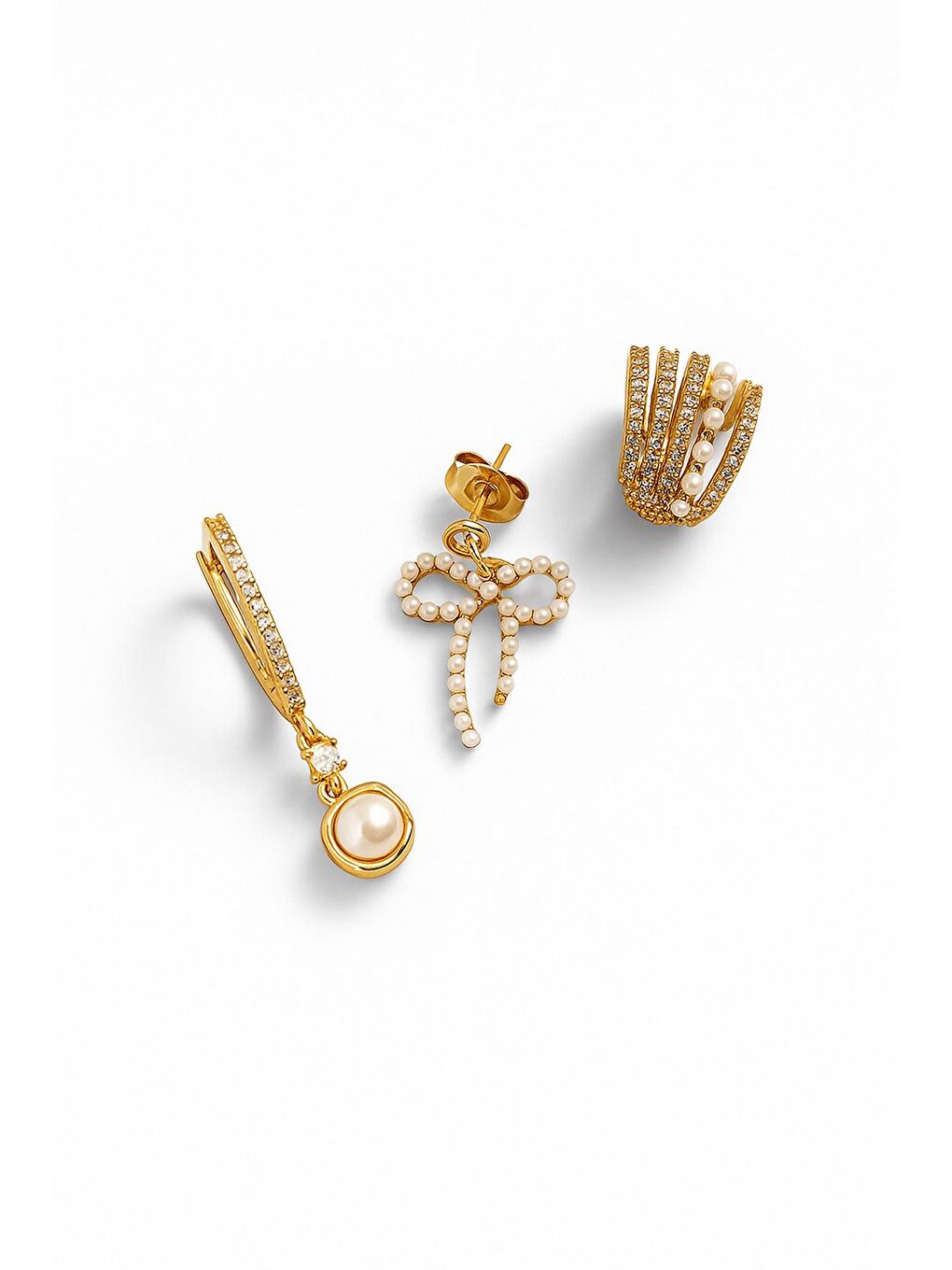 Sarı 3'lü İnci Detaylı Küpe Seti-2