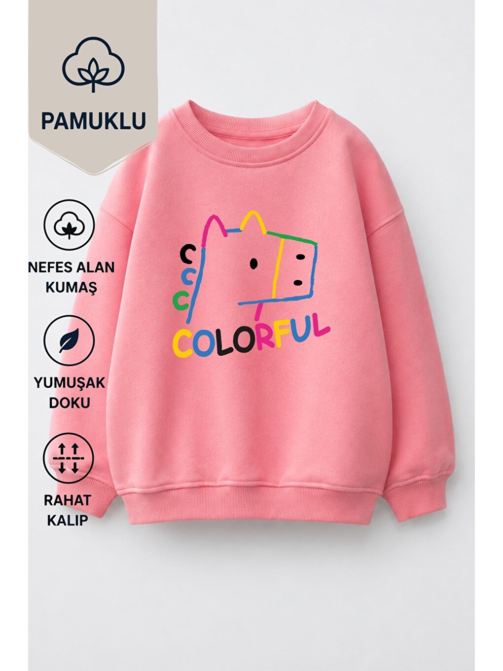 Pembe Kız Çocuk 3 İplik Kumaş Pamuklu Baskılı Sweatshirt-1