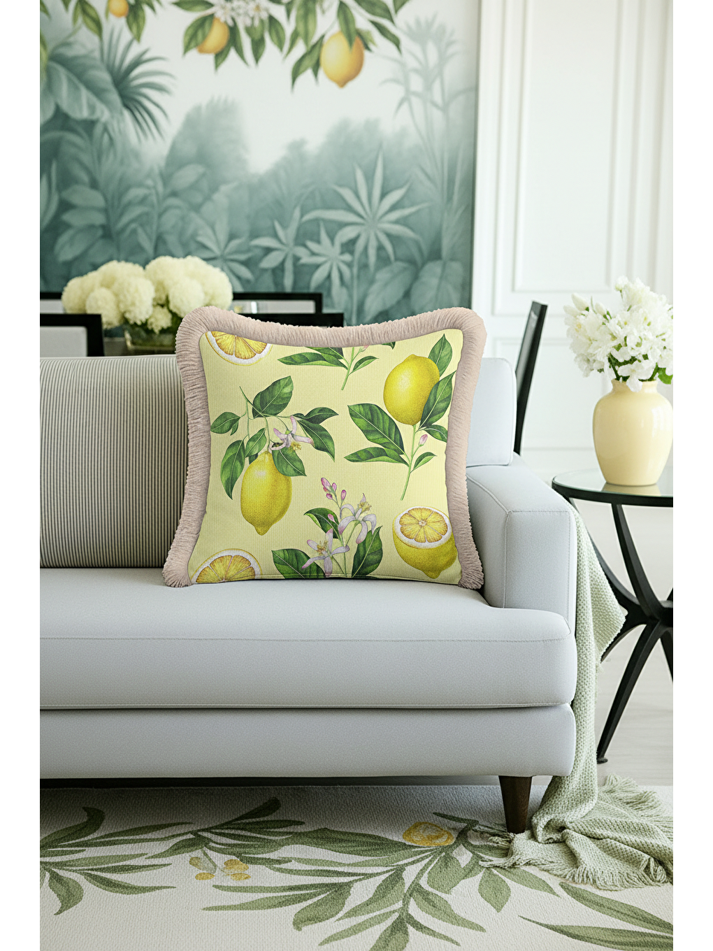 Karışık Limon Çiçek Bahçesi Saçaklı Yastık Kılıfı - Akdeniz Tema Sarı Yeşil Rustik Püsküllü Kırlent Kılıfı-3