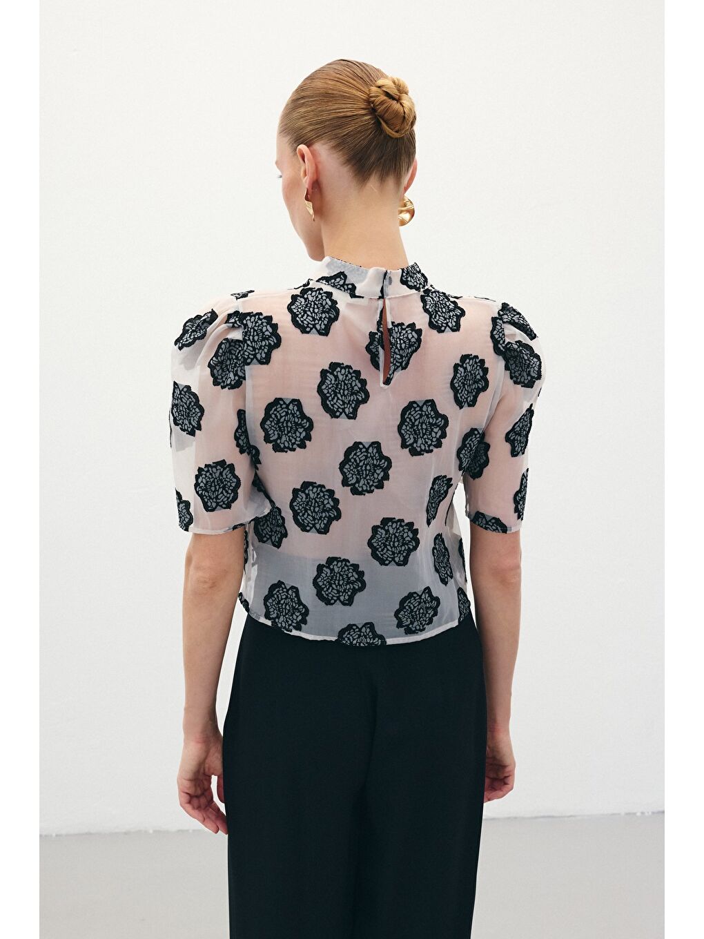 Organze Kısa Kol Bluz - Siyah-5