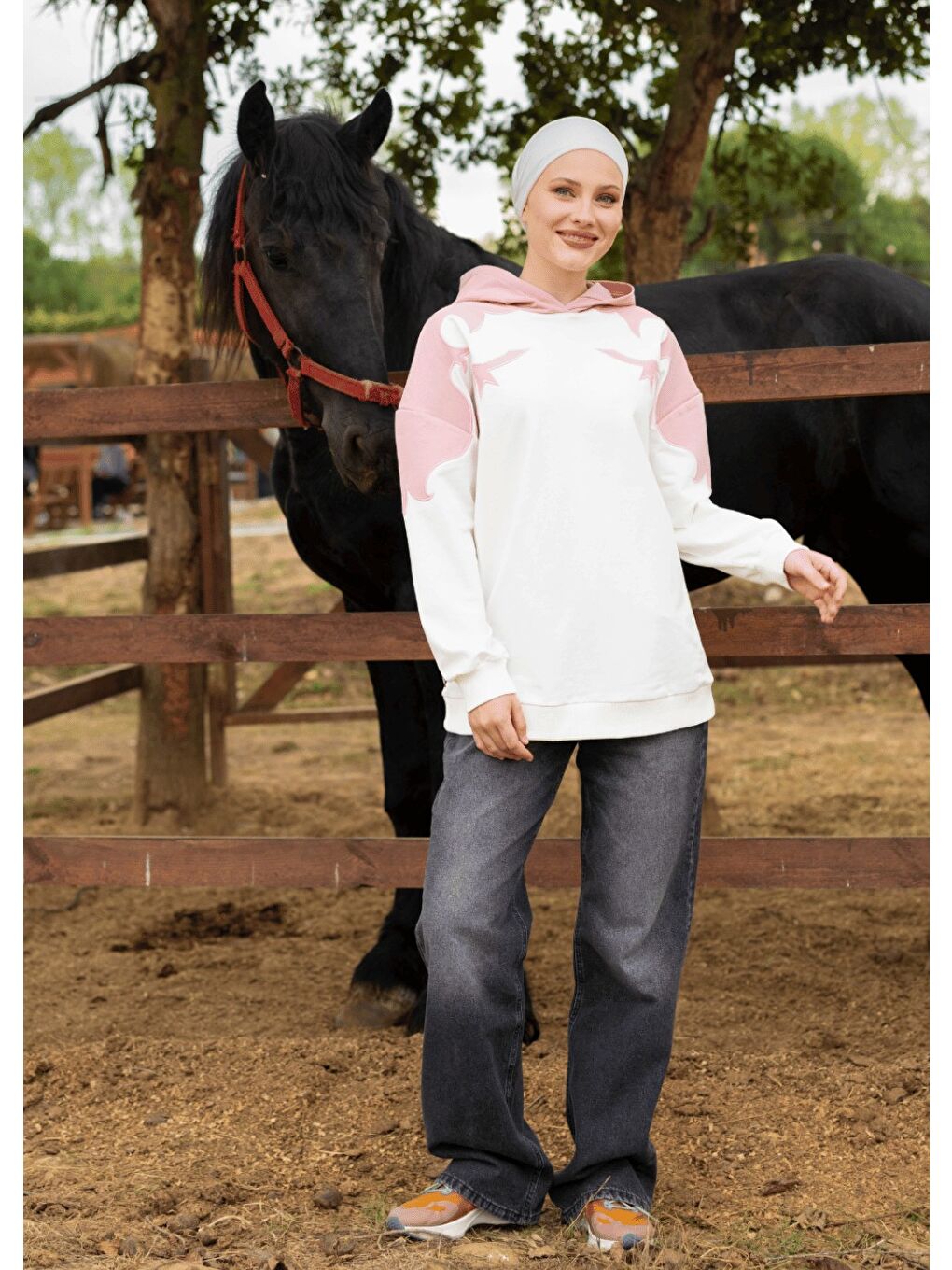 Ekru Sweatshirt Kovboy Pembe-3