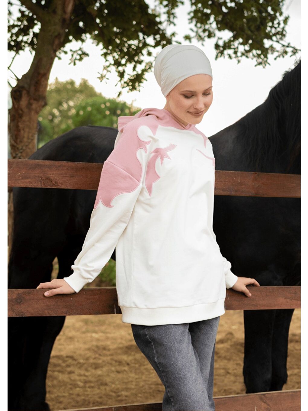 Ekru Sweatshirt Kovboy Pembe-4