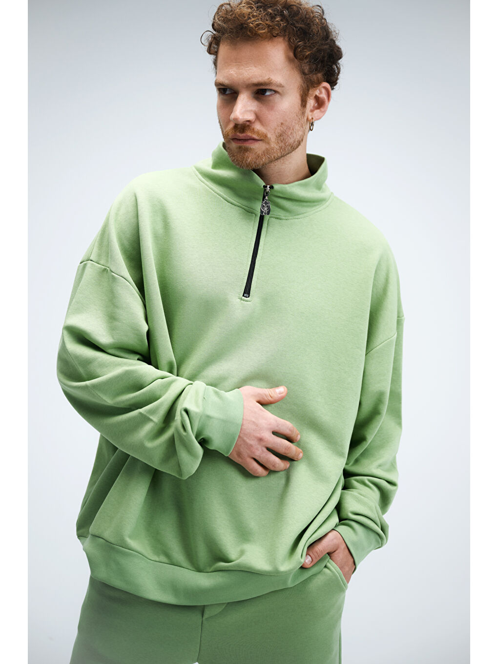 Erkek Timeless Fermuarlı Fıstık Yeşili  Sweatshirt-3