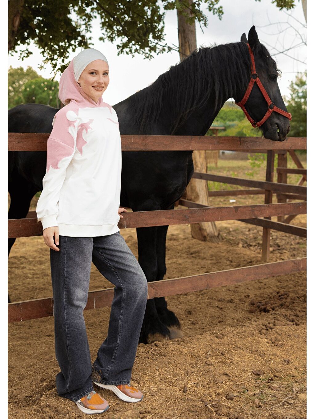 Ekru Sweatshirt Kovboy Pembe-5