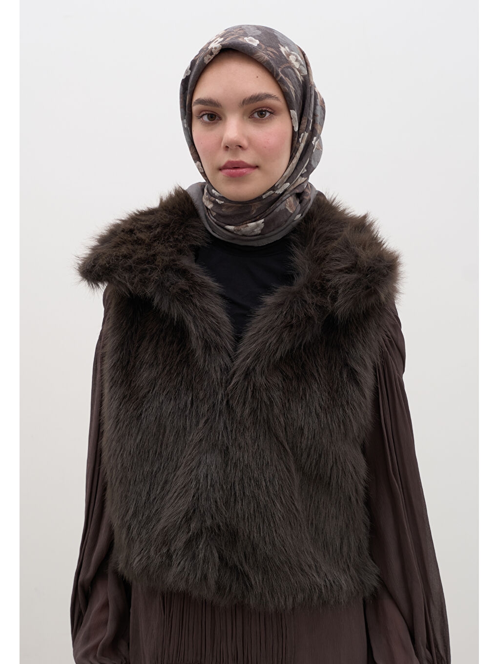 Gri Reverıe Desen Pamuklu Viskon Eşarp Füme-1