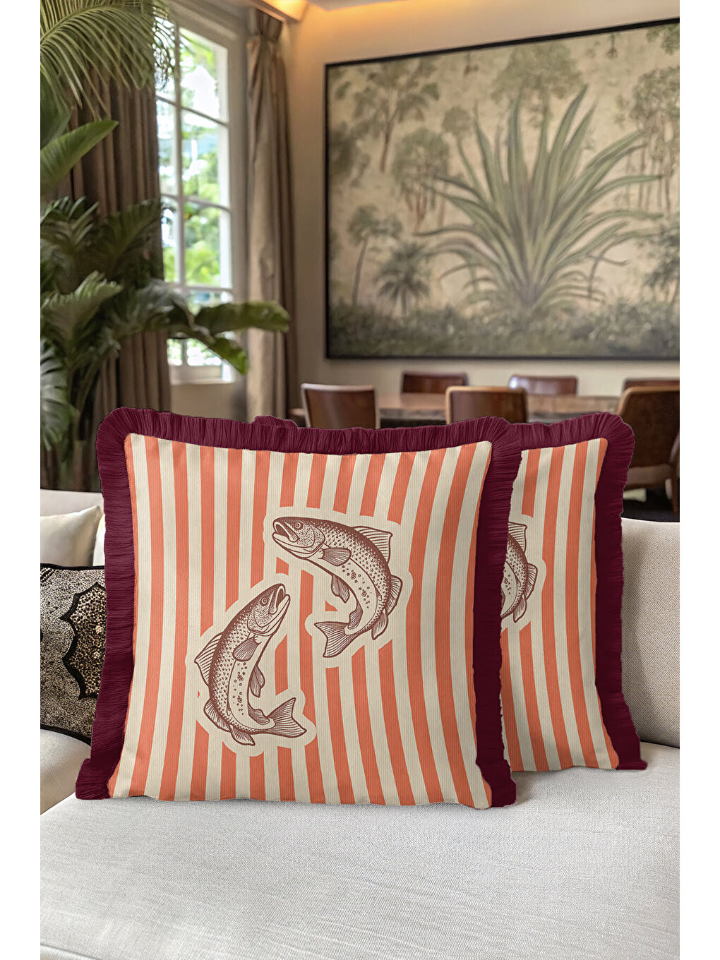 Karışık Vintage Balık Çizimli Saçaklı Yastık Kılıfı - Deniz Temalı Retro Kırmızı Püsküllü Kırlent Kılıfı-5