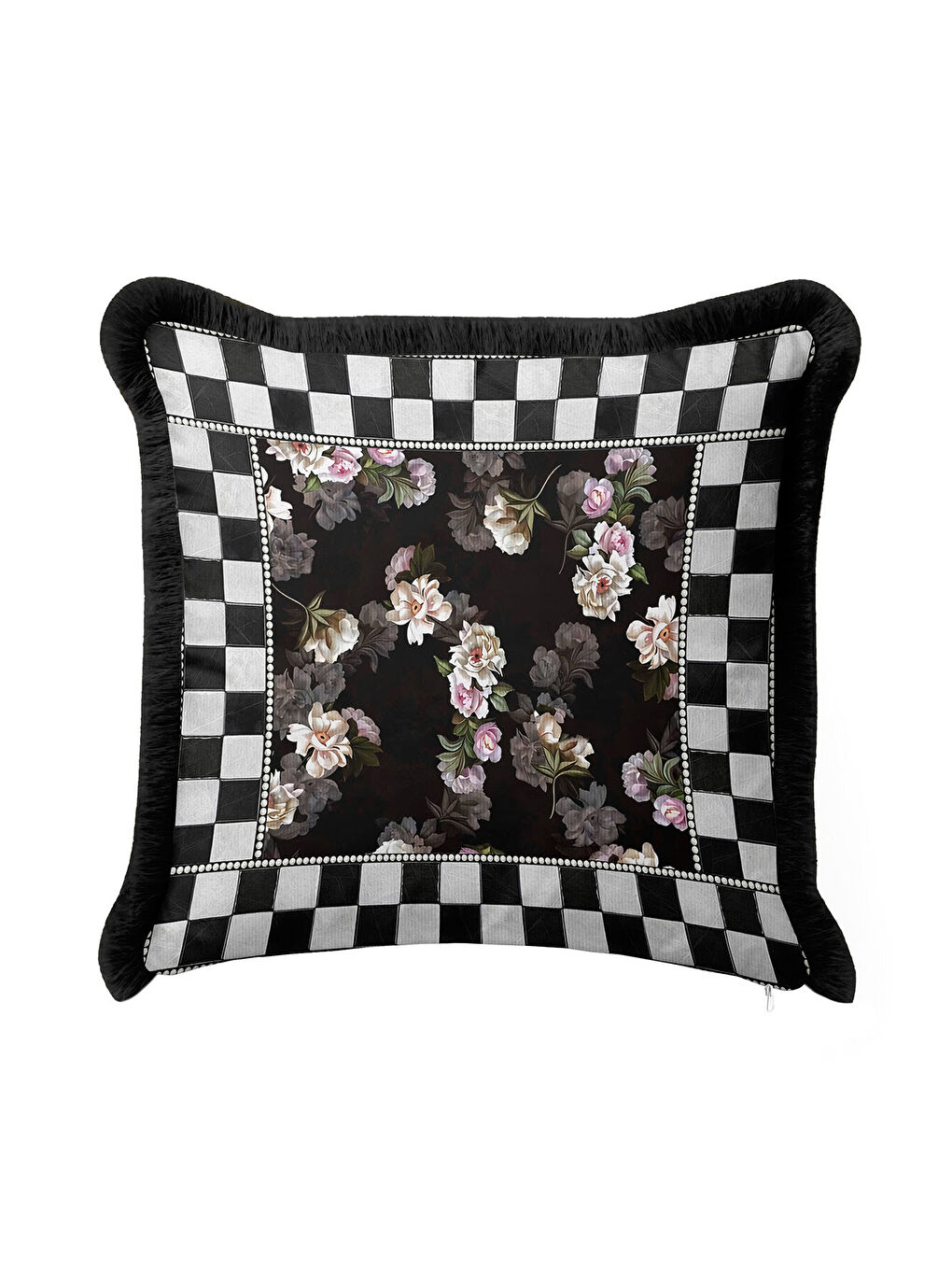 Karışık Lüks Çiçekli Saçaklı Yastık Kılıfı - Romantik Vintage Siyah Püsküllü Kırlent Kılıfı-2