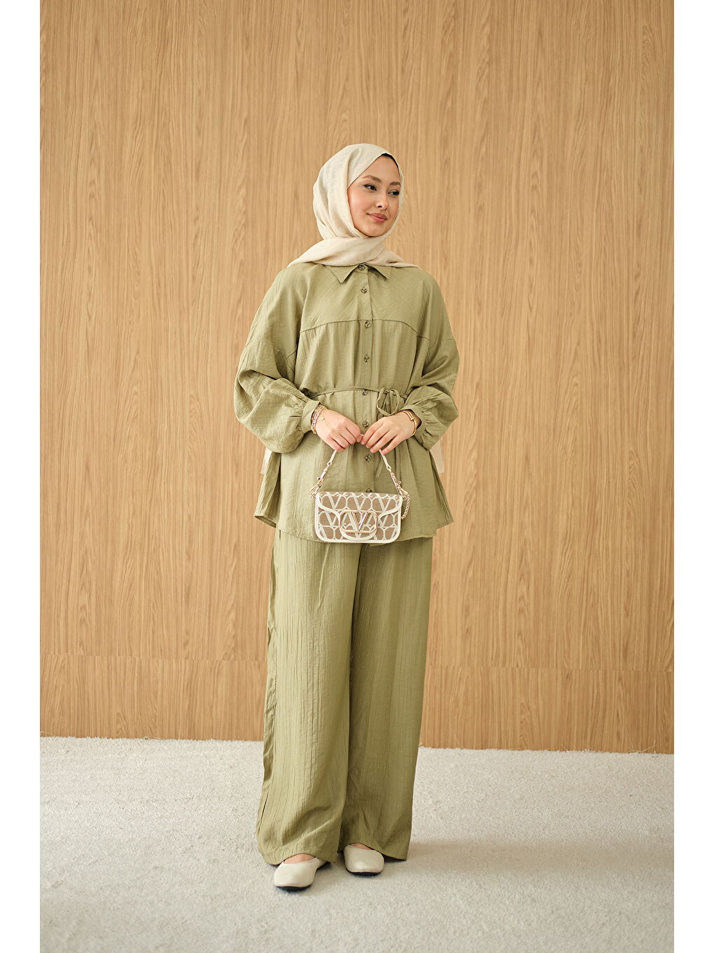 Kadın Kırışık Desen Bel Bağlamalı Gömlek Yaka Takım Yeşil-1