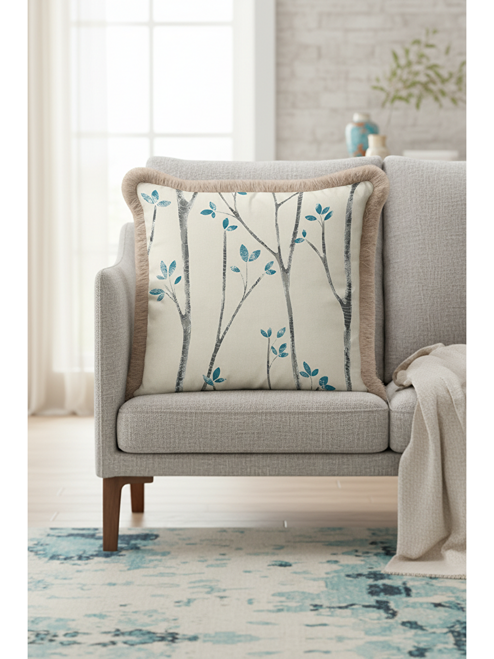 Karışık Doğal Ağaç Dallı Saçaklı Yastık Kılıfı - Modern Mavi Gri Bej Püsküllü Kırlent Kılıfı-1