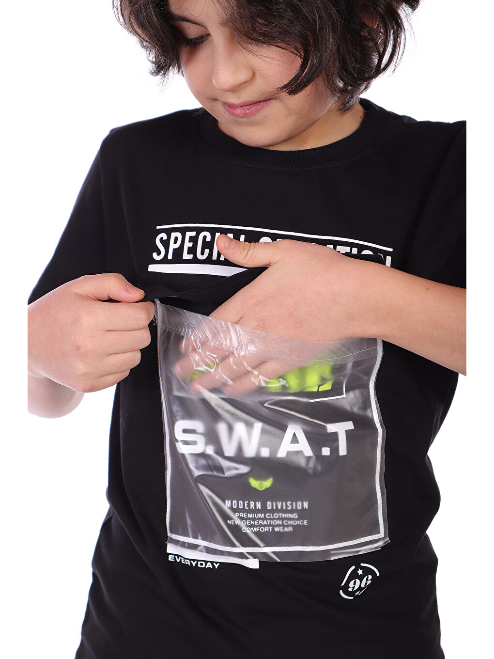 Siyah Erkek Çocuk Süs Cepli Special Operation Baskılı Tişört-1