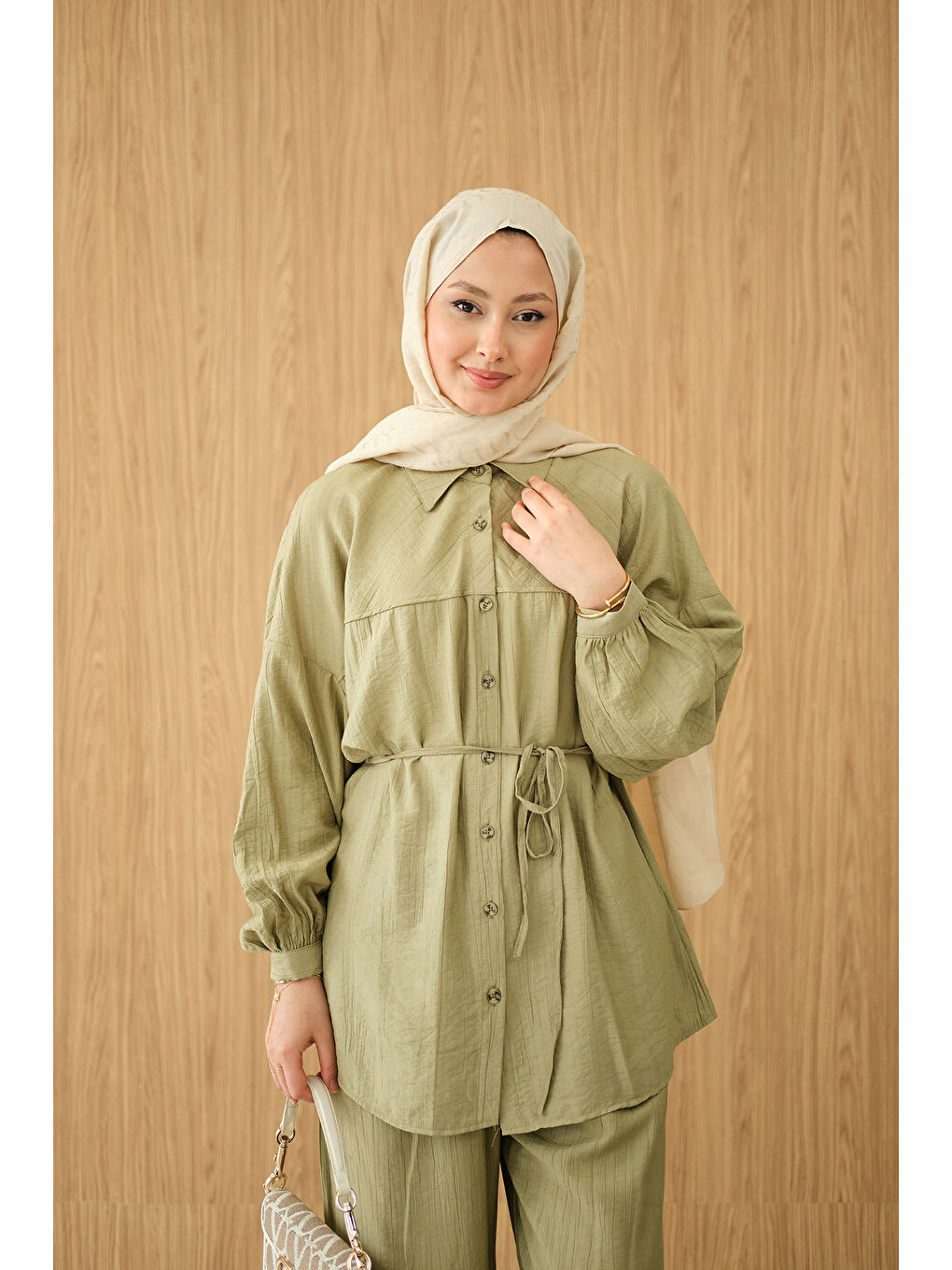 Kadın Kırışık Desen Bel Bağlamalı Gömlek Yaka Takım Yeşil-2