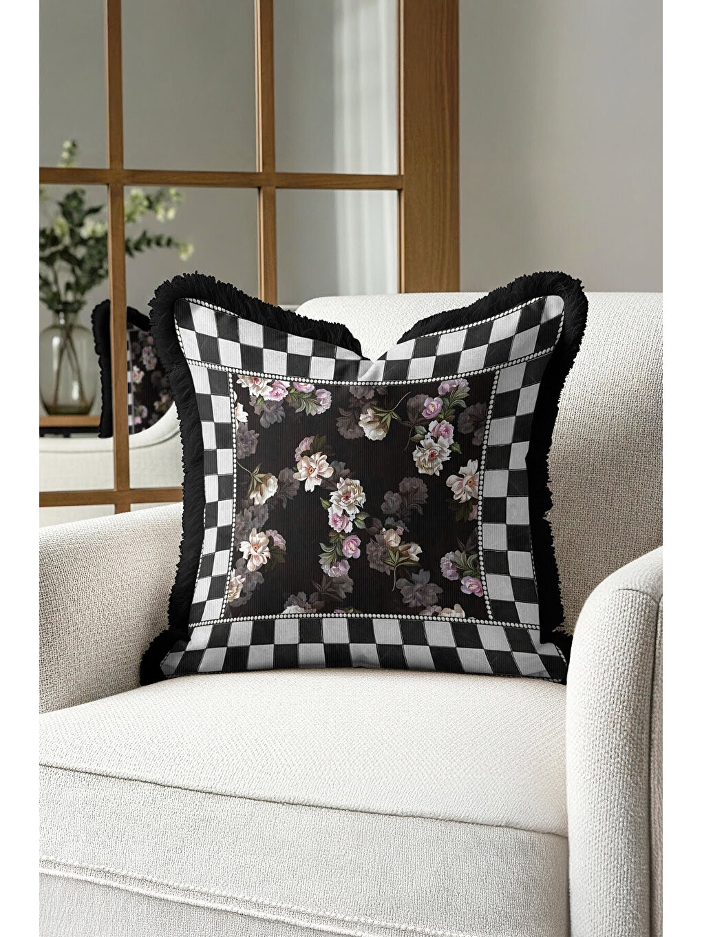 Karışık Lüks Çiçekli Saçaklı Yastık Kılıfı - Romantik Vintage Siyah Püsküllü Kırlent Kılıfı-4