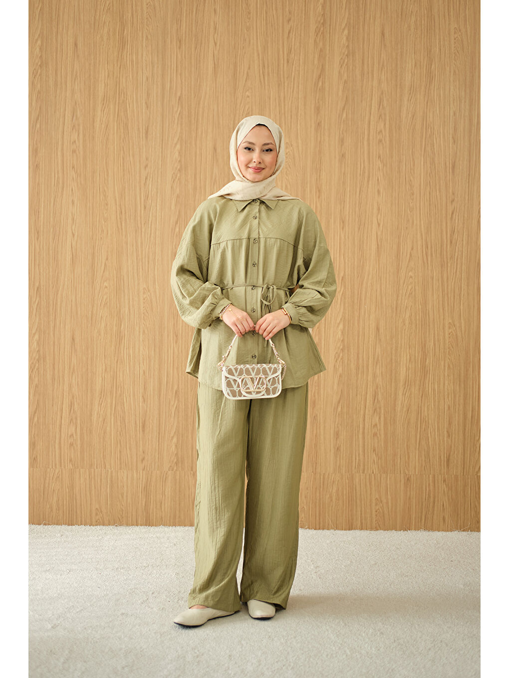 Kadın Kırışık Desen Bel Bağlamalı Gömlek Yaka Takım Yeşil-3