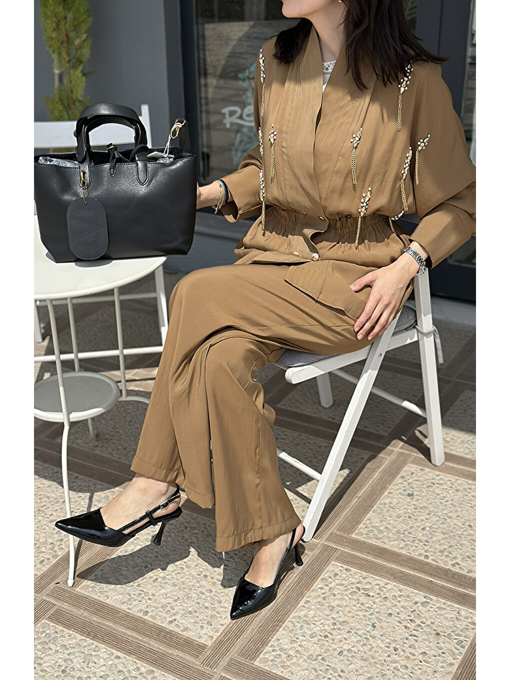 Kahverengi Taş Detay Gömlek Pantolon Takım 5130 Camel-4
