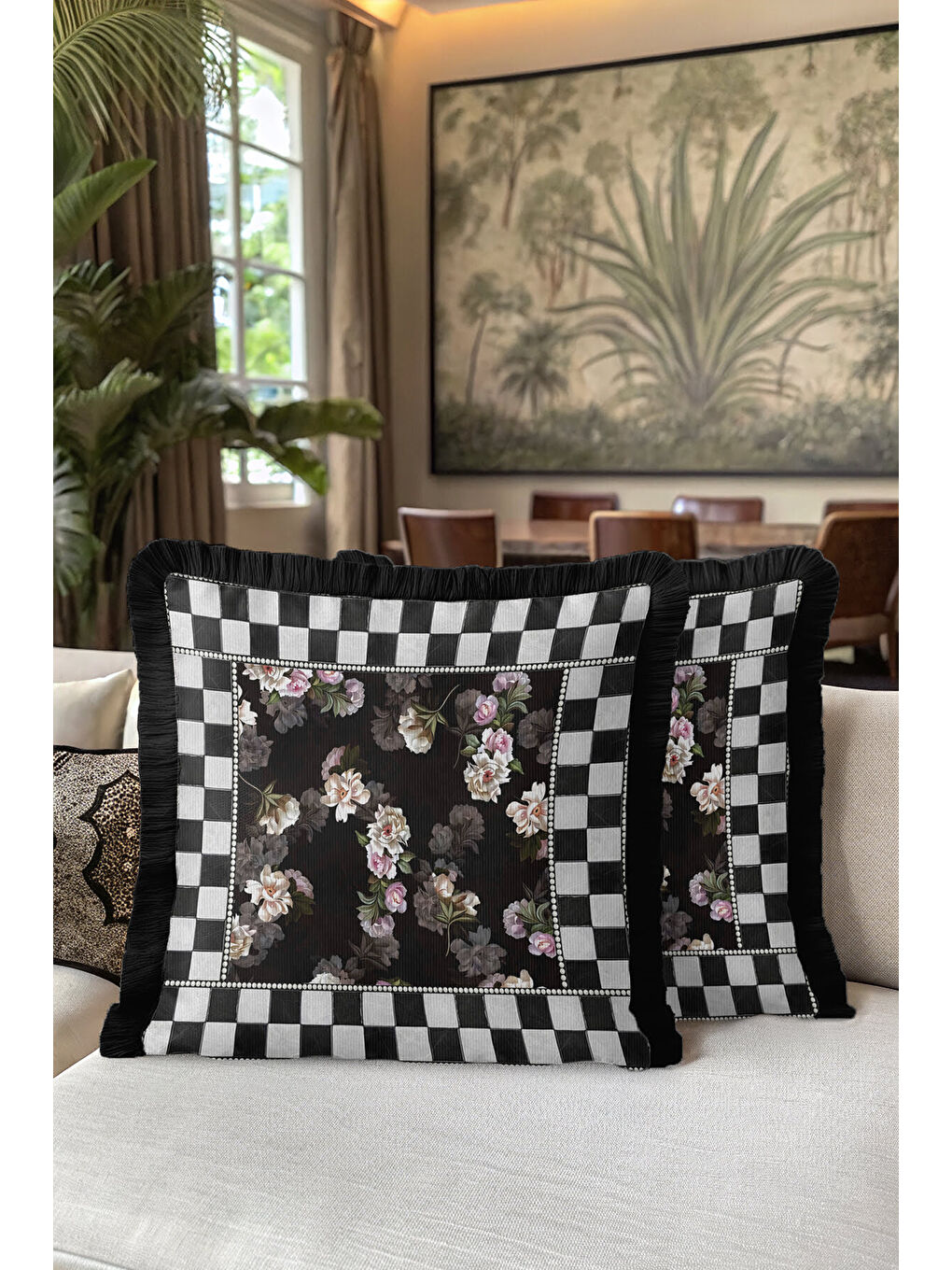 Karışık Lüks Çiçekli Saçaklı Yastık Kılıfı - Romantik Vintage Siyah Püsküllü Kırlent Kılıfı-5